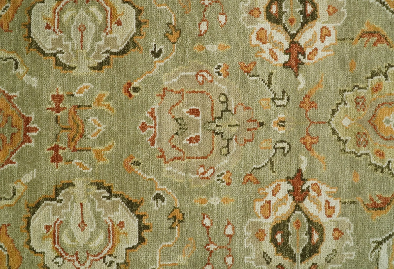 Custom Made Hand Knotted Green and beige Traditional Vintage Style Antique Wool Rug