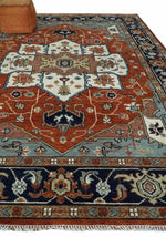 Hand Knotted Ivory, Blue and Rust Modern Traditional Heriz Serapi Multi Size Wool Area Rug