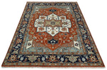 Hand Knotted Ivory, Blue and Rust Modern Traditional Heriz Serapi Multi Size Wool Area Rug