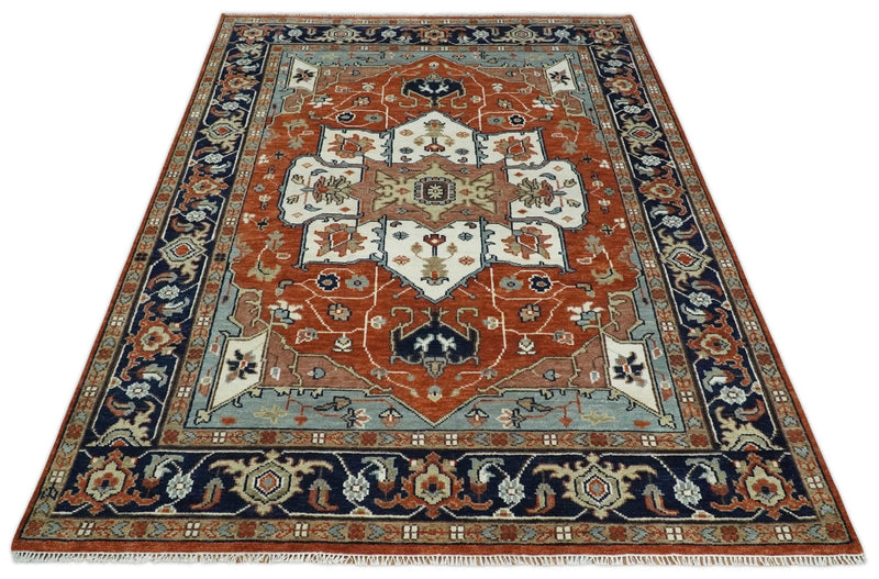 Hand Knotted Ivory, Blue and Rust Modern Traditional Heriz Serapi Multi Size Wool Area Rug