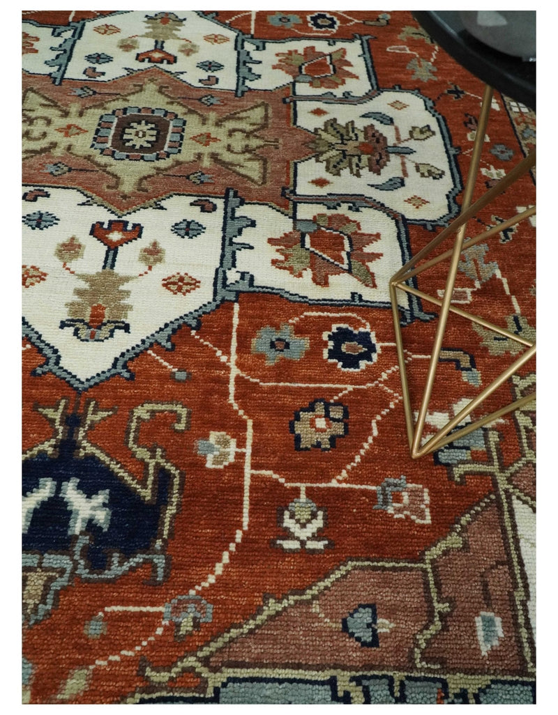 Hand Knotted Ivory, Blue and Rust Modern Traditional Heriz Serapi Multi Size Wool Area Rug