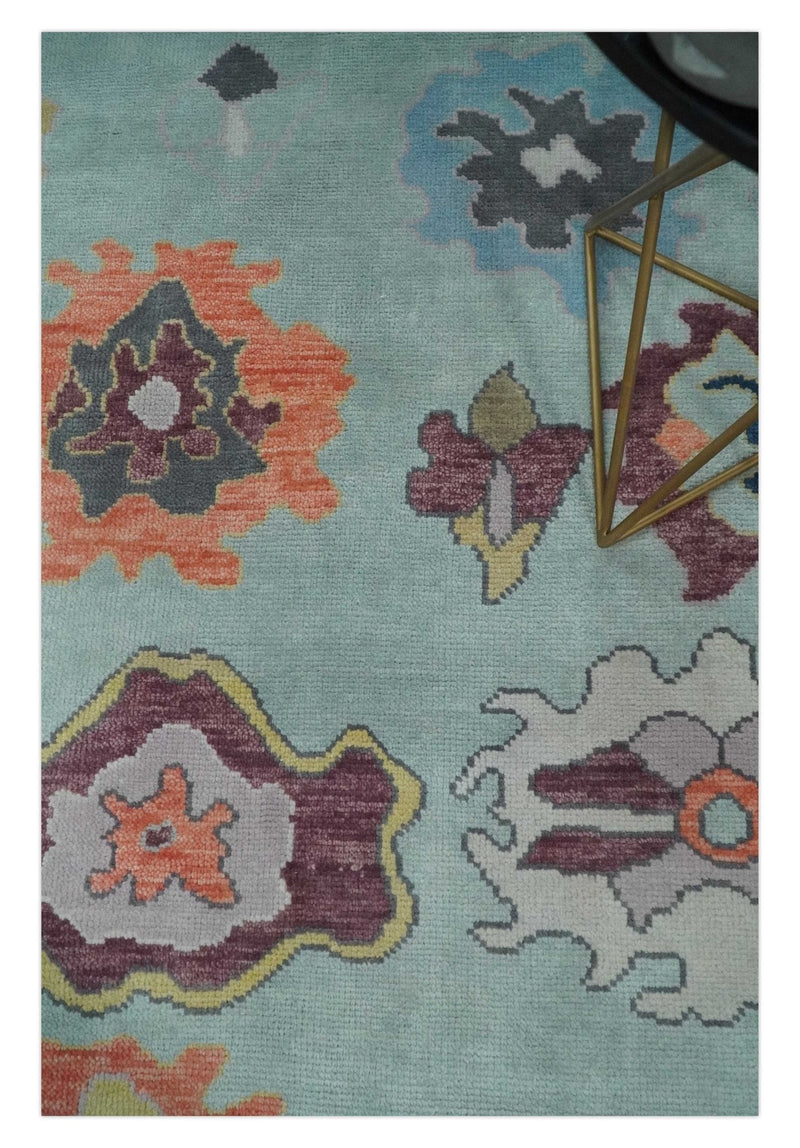 Custom Made Vibrant Colorful Aqua, Blue, Purple and Gray Hand Knotted Traditional Oushak Wool Area Rug