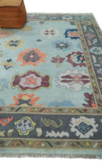 Custom Made Vibrant Colorful Aqua, Blue, Purple and Gray Hand Knotted Traditional Oushak Wool Area Rug