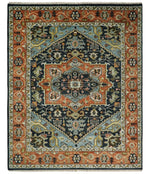 Rust, Blue and Aqua Traditional Heriz Hand knotted Multi Size wool Area Rug