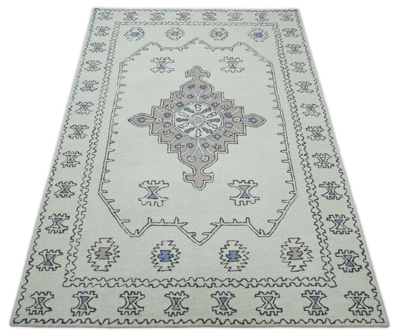 5x8, 6x9, 8x10 and 9x12 Ivory and Peach Persian Style Antique Oriental Tribal Hand Tufted Wool Area Rug |  TRI3