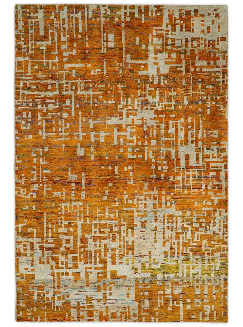 5x8 and 6x9 Gold, Rust and Ivory Modern Abstract Recycled Silk Rug