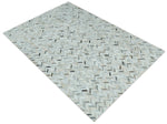 5x8 and 8x10 Genuine Leather Chevron Design Handmade Ivory and Silver Area Rug | LR4
