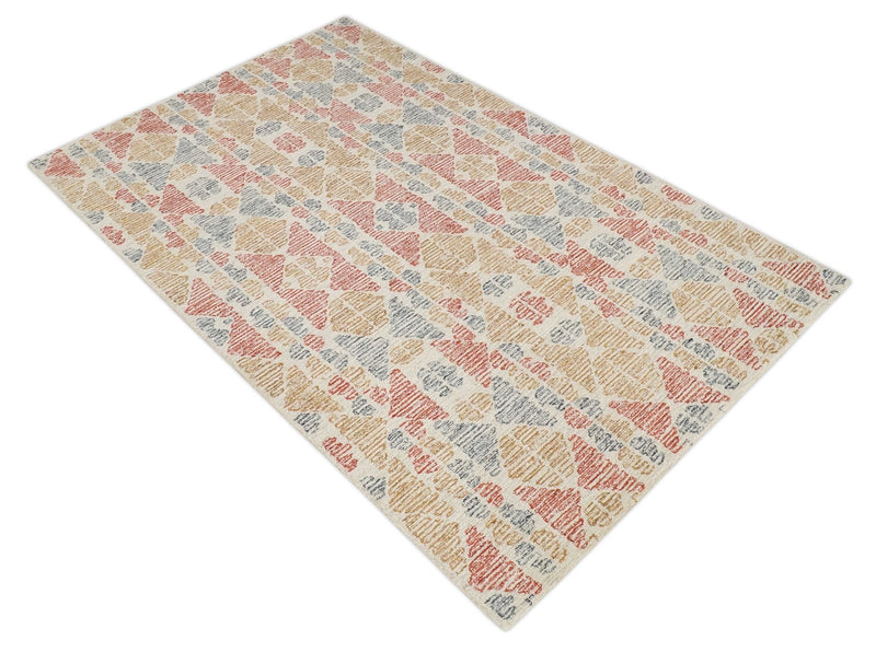 5x8 Beige, Rust, Ivory and Charcoal Geometrical Pattern Hand Tufted Wool Area Rug