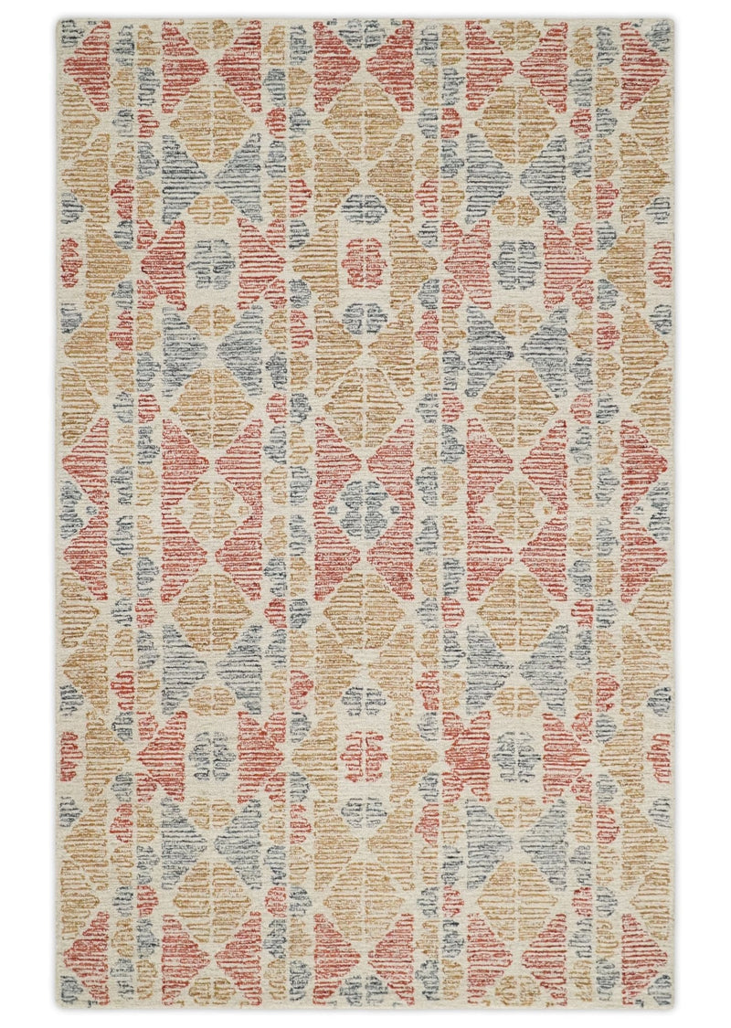 5x8 Beige, Rust, Ivory and Charcoal Geometrical Pattern Hand Tufted Wool Area Rug