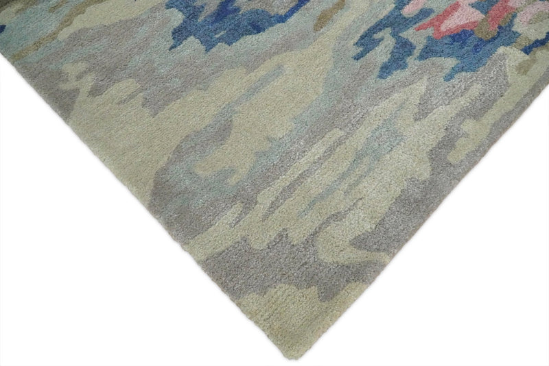 5x8 Blue and Silver Abstract Handmade Wool and Art Silk Area Rug