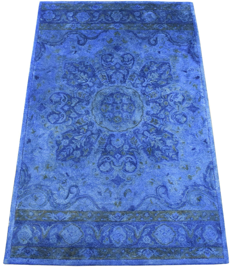 3x5, 5x8 Blue Handmade Overdyed Tone on Tone Wool Area Rug | TUF10