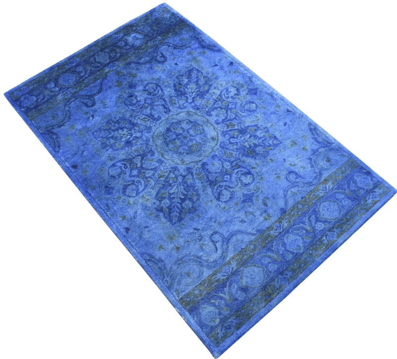 3x5, 5x8 Blue Handmade Overdyed Tone on Tone Wool Area Rug | TUF10