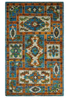 5x8 Hand Knotted Blue, Ivory and Gold Modern Persian made of Recycled Silk Area Rug | OP81