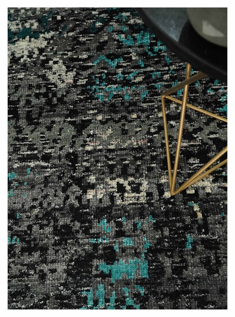 5x8 Hand Knotted Charcoal, Ivory and Blue Modern Abstract Contemporary Recycled Silk Area Rug | OP68