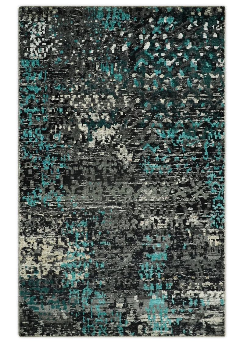 5x8 Hand Knotted Charcoal, Ivory and Blue Modern Abstract Contemporary Recycled Silk Area Rug | OP68