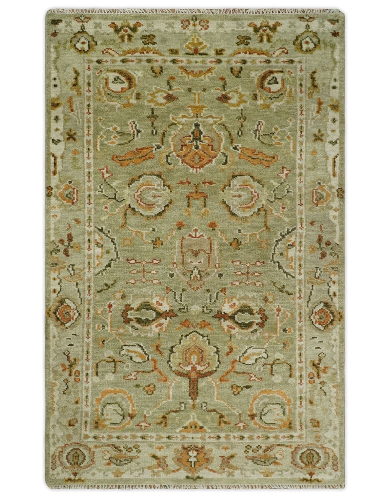 Custom Made Hand Knotted Green and beige Traditional Vintage Style Antique Wool Rug