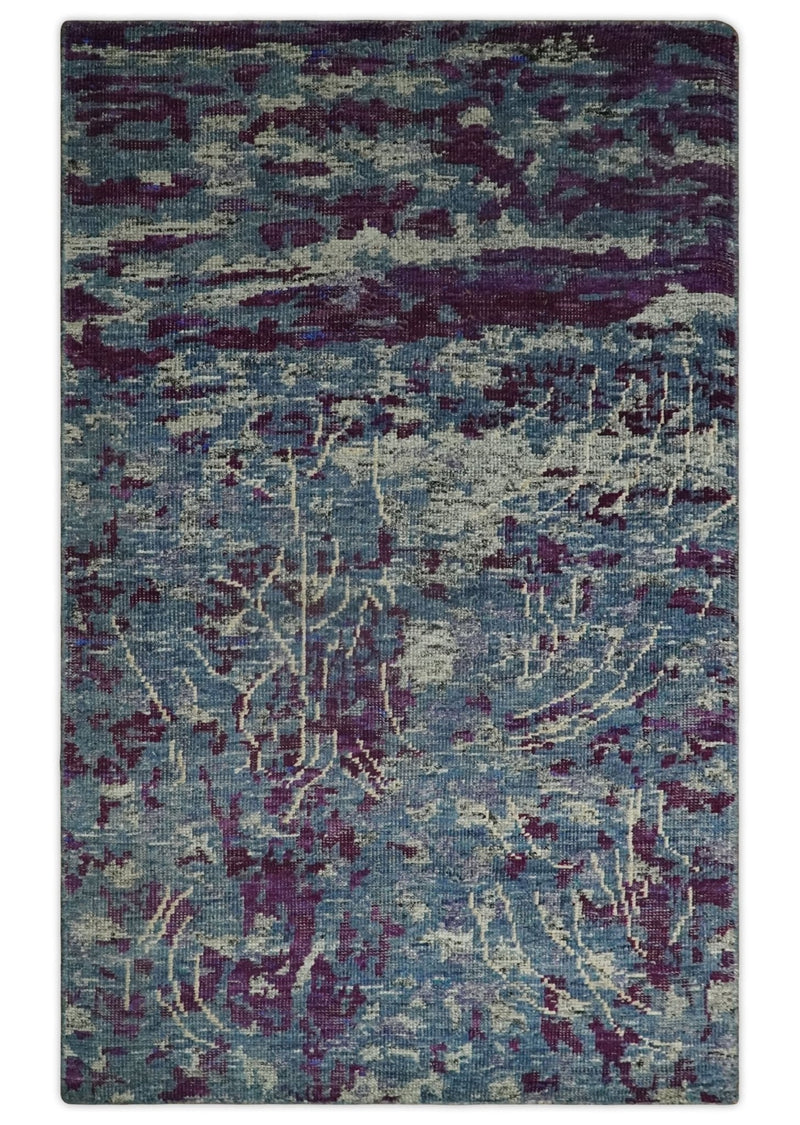 5x8 Hand Knotted Ivory, Blue and Purple Modern Abstract Contemporary Recycled Silk Area Rug | OP72