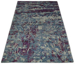 5x8 Hand Knotted Ivory, Blue and Purple Modern Abstract Contemporary Recycled Silk Area Rug | OP72