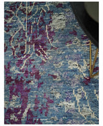 5x8 Hand Knotted Ivory, Blue and Purple Modern Abstract Contemporary Recycled Silk Area Rug | OP72