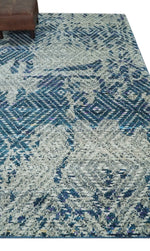 5x8 Hand Knotted Ivory, Blue and Teal Modern Geometric Contemporary Recycled Silk Area Rug | OP102