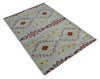 5x8 Hand Knotted Ivory, Red and Yellow Persian made of Recycled Silk Area Rug | OP95