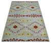 5x8 Hand Knotted Ivory, Red and Yellow Persian made of Recycled Silk Area Rug | OP95