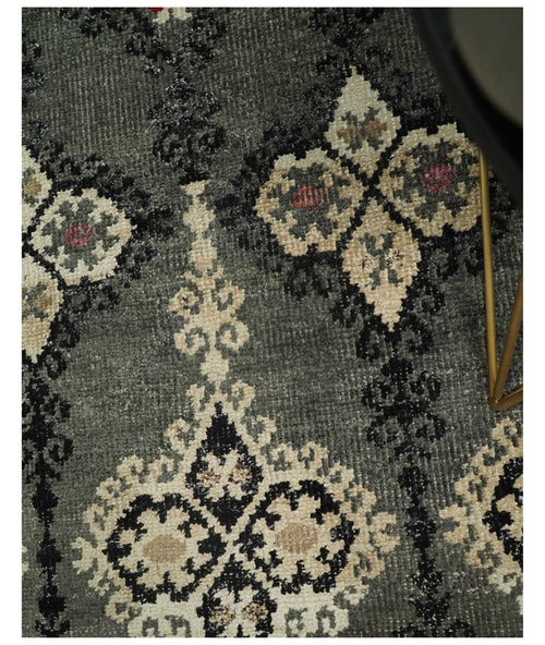 5x8 Hand Knotted Moss Green, Beige and Black  Antique Persian Style Contemporary Recycled Silk Area Rug | OP73