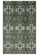 5x8 Hand Knotted Olive, Charcoal and White Modern Contemporary Southwestern Tribal Trellis Recycled Silk Area Rug | OP124