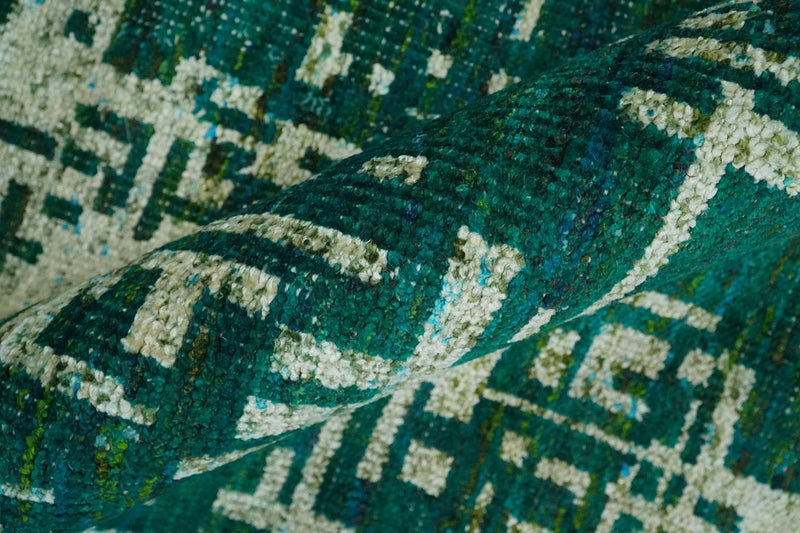 5x8 Hand Knotted Teal Green, Olive and Beige Modern Abstract Contemporary Recycled Silk Area Rug | OP130