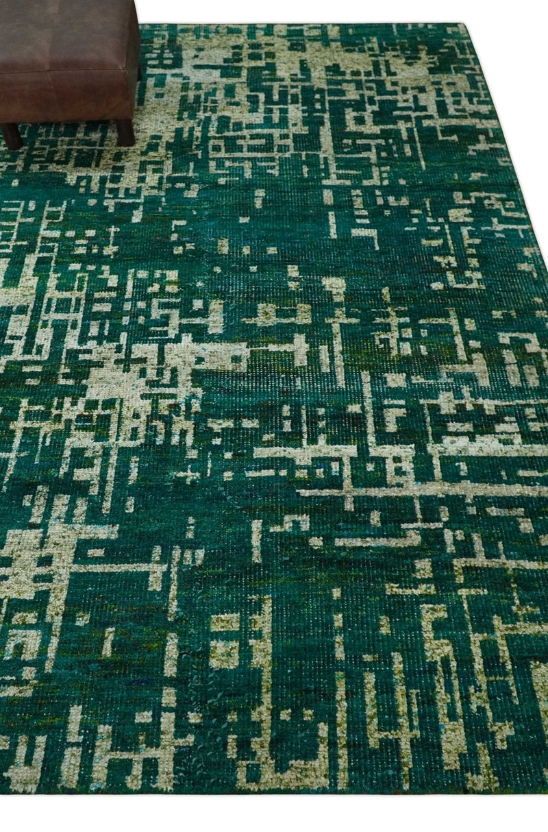 5x8 Hand Knotted Teal Green, Olive and Beige Modern Abstract Contemporary Recycled Silk Area Rug | OP130