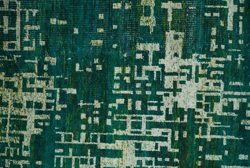 5x8 Hand Knotted Teal Green, Olive and Beige Modern Abstract Contemporary Recycled Silk Area Rug | OP130