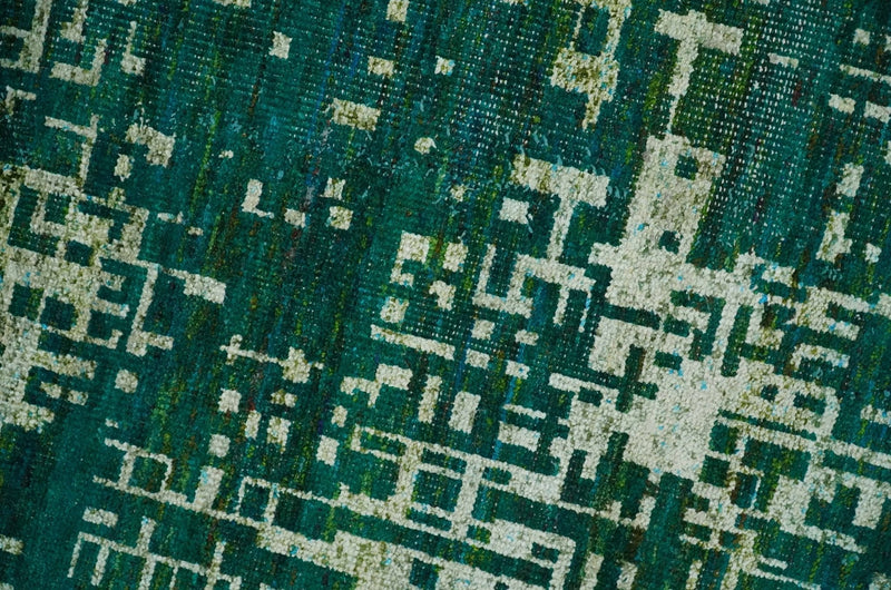 5x8 Hand Knotted Teal Green, Olive and Beige Modern Abstract Contemporary Recycled Silk Area Rug | OP130