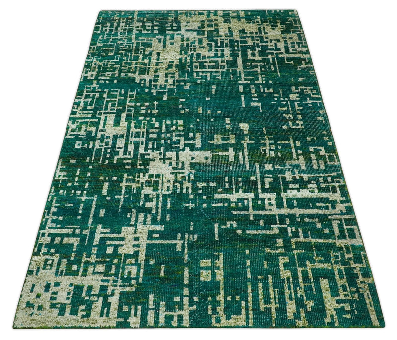5x8 Hand Knotted Teal Green, Olive and Beige Modern Abstract Contemporary Recycled Silk Area Rug | OP130