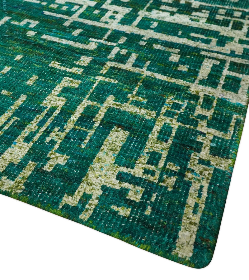 5x8 Hand Knotted Teal Green, Olive and Beige Modern Abstract Contemporary Recycled Silk Area Rug | OP130