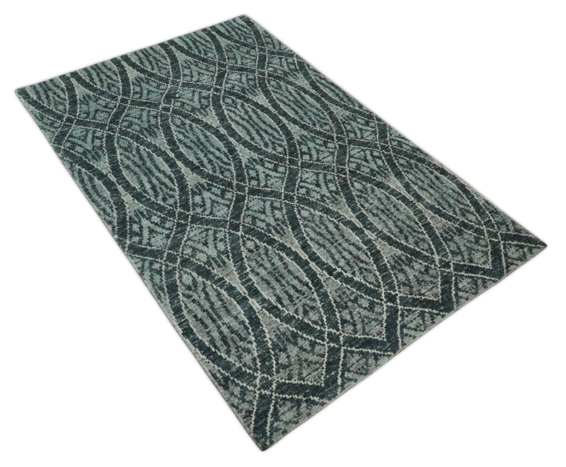 5x8 Hand Knotted Teal, Ivory and Blue Modern Style Contemporary Recycled Silk Area Rug | OP109