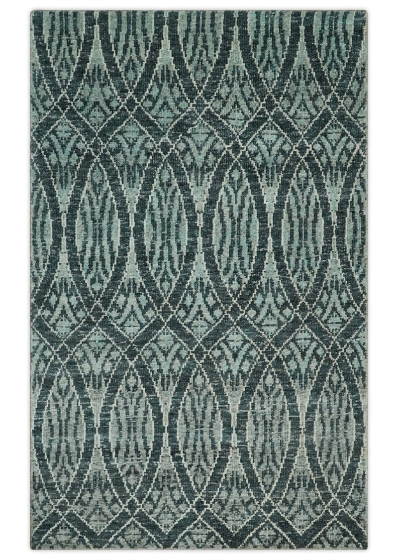 5x8 Hand Knotted Teal, Ivory and Blue Modern Style Contemporary Recycled Silk Area Rug | OP109