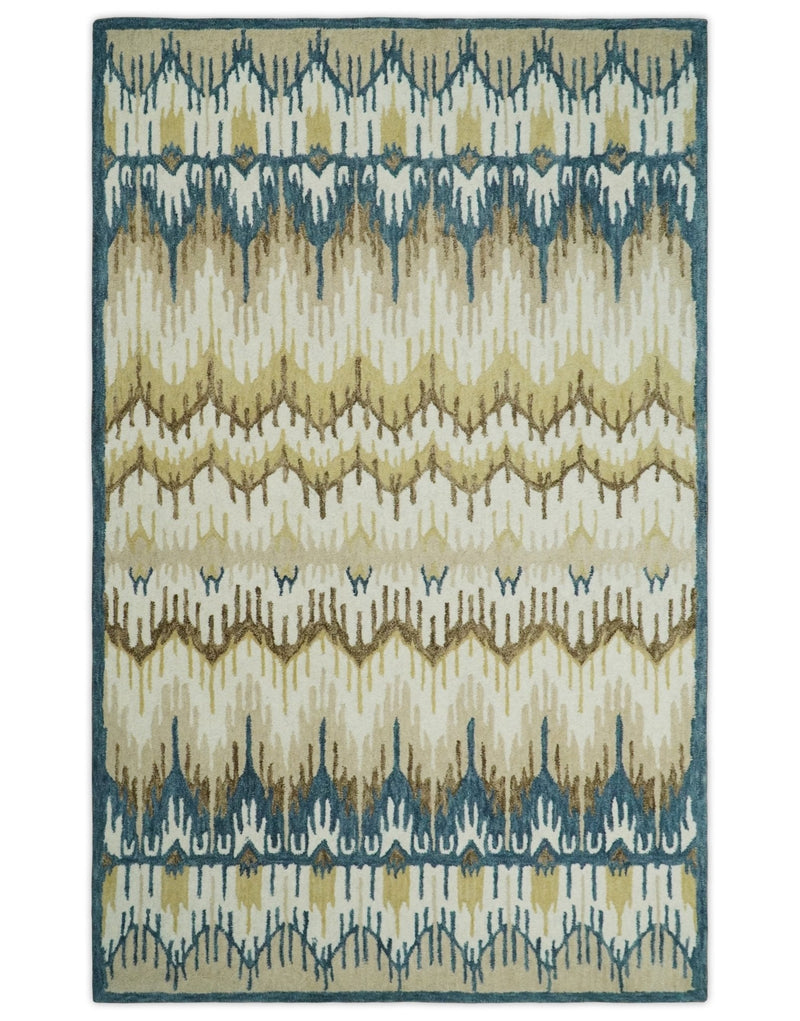 5x8 Hand Tufted Blue and Beige Modern Ikat Wool Area Rug | TRDMA37