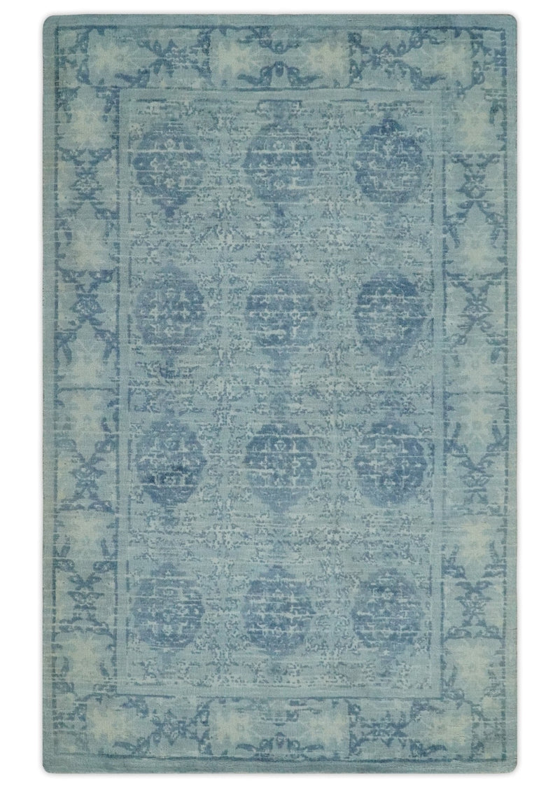 5x8 Ivory and Blue Traditional Ikat design Hand Tufted Wool Area Rug