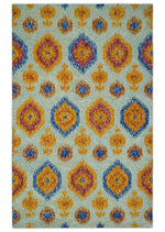 5x8 Ivory, Gold and Blue Traditional Ikat design Hand Tufted Wool Area Rug