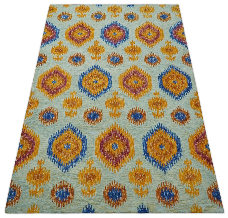 5x8 Ivory, Gold and Blue Traditional Ikat design Hand Tufted Wool Area Rug