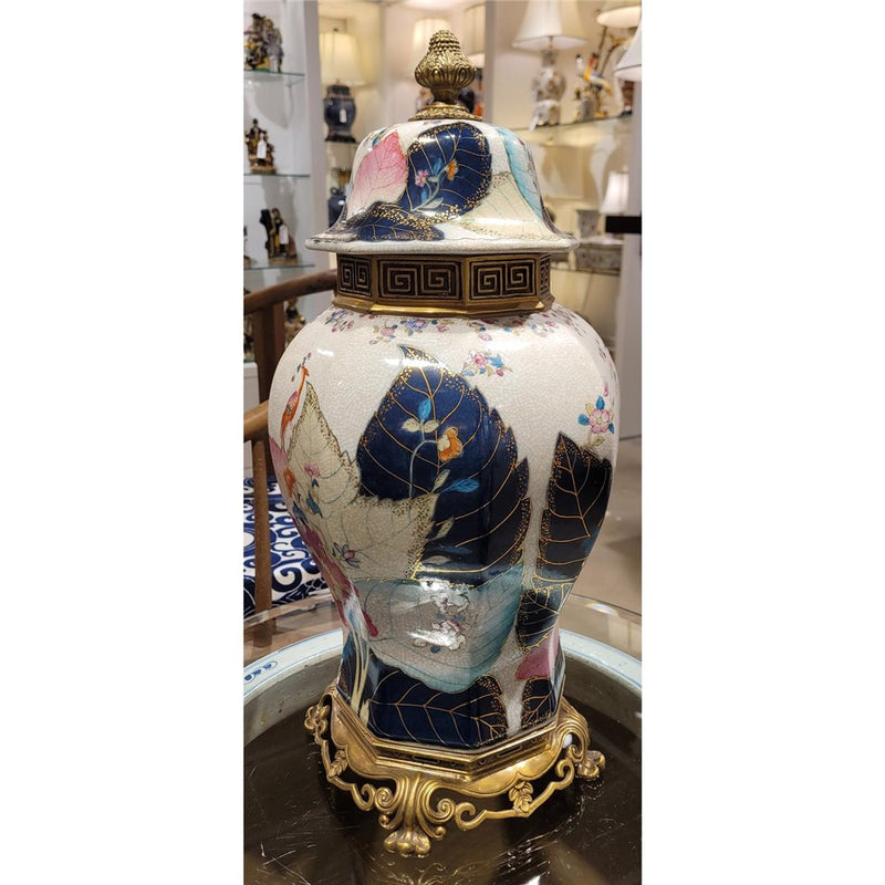 Tobacco Leaf Porcelain Hex Jar Vase with Bronze Ormolu - Tobacco Leaf Collection