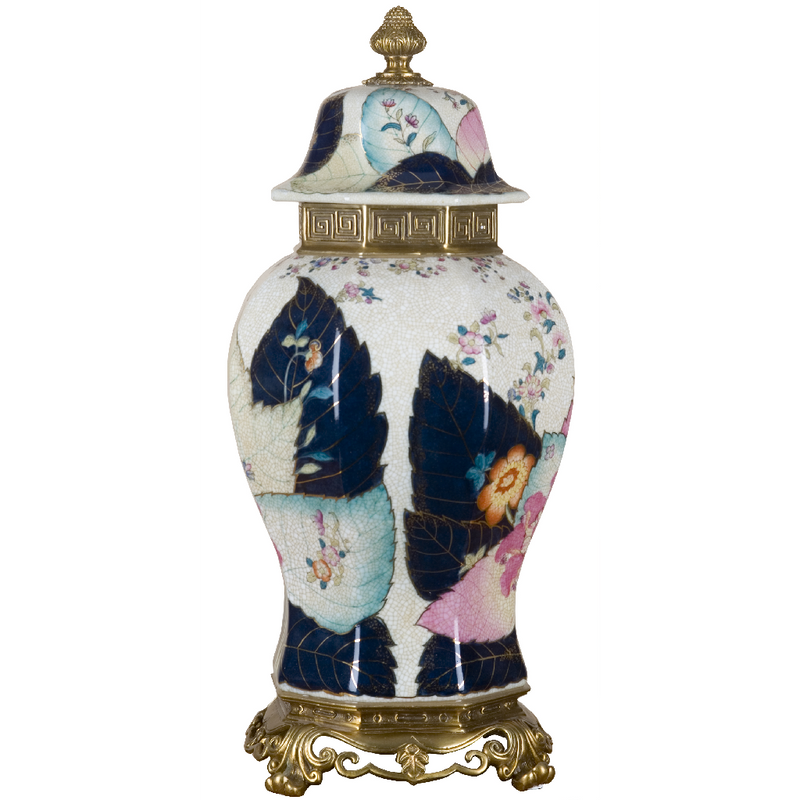 Tobacco Leaf Porcelain Hex Jar Vase with Bronze Ormolu - Tobacco Leaf Collection