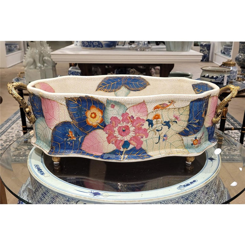 Large Porcelain Tobacco Leaf Footbath Basin with Bronze Ormolu – Gold Glaze - Tobacco Leaf Collection
