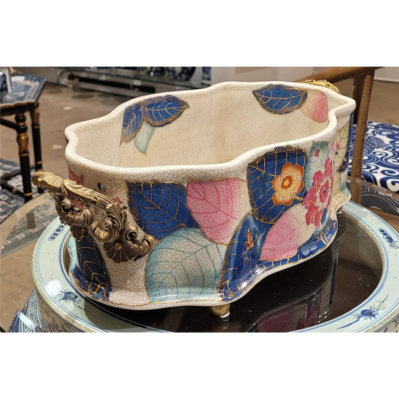 Large Porcelain Tobacco Leaf Footbath Basin with Bronze Ormolu – Gold Glaze - Tobacco Leaf Collection