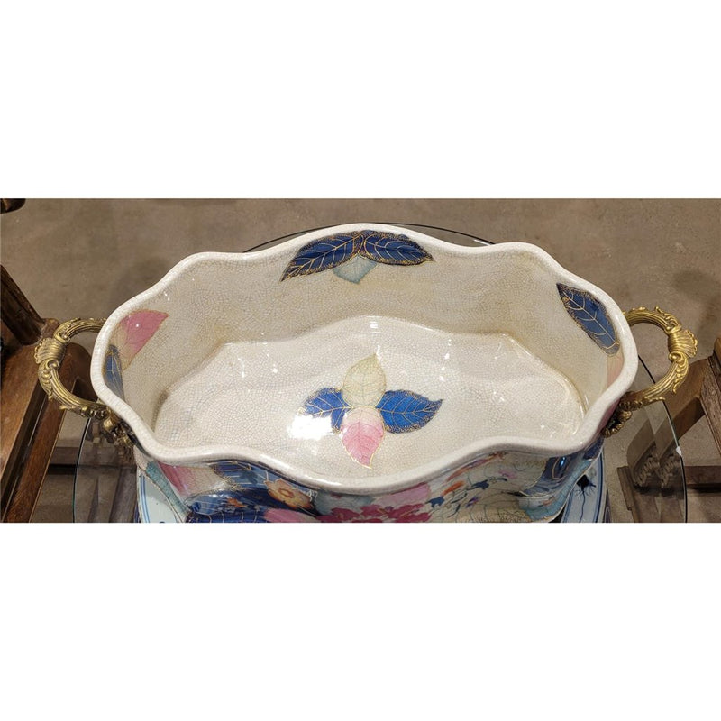 Large Porcelain Tobacco Leaf Footbath Basin with Bronze Ormolu – Gold Glaze - Tobacco Leaf Collection