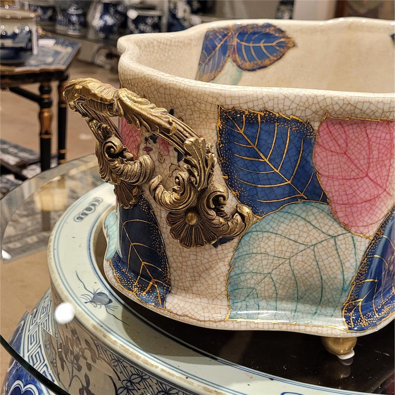 Large Porcelain Tobacco Leaf Footbath Basin with Bronze Ormolu – Gold Glaze - Tobacco Leaf Collection