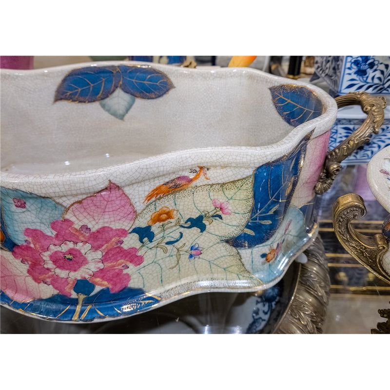 Large Porcelain Tobacco Leaf Footbath Basin with Bronze Ormolu – Gold Glaze - Tobacco Leaf Collection
