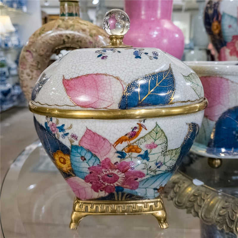 Tobacco Leaf Porcelain Box with Bronze Ormolu  Gold Glazed Accent - Tobacco Leaf Collection