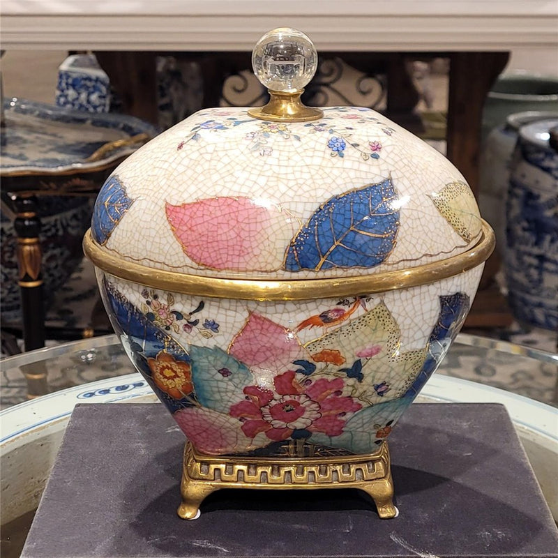 Tobacco Leaf Porcelain Box with Bronze Ormolu  Gold Glazed Accent - Tobacco Leaf Collection