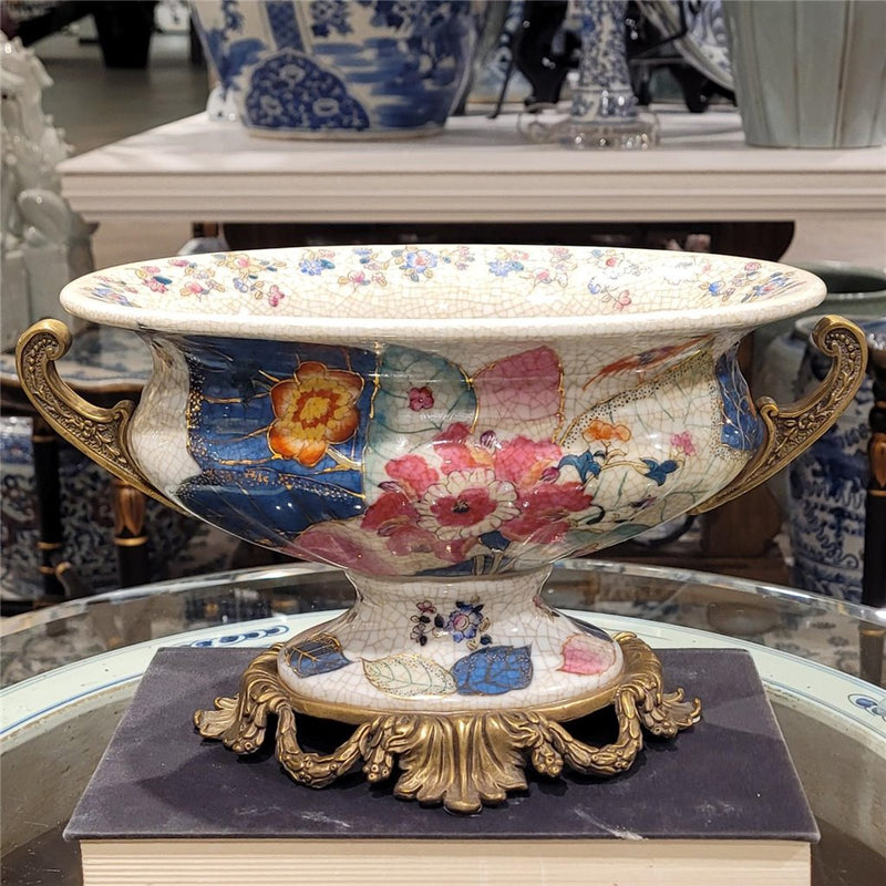 Porcelain Oval Centerpiece Basin with Bronze Ormolu – Tobacco Leaf Collection